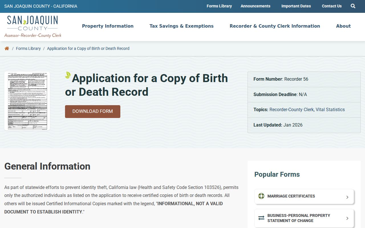 Stockton public records application for a San Joaquin birth or death certificate