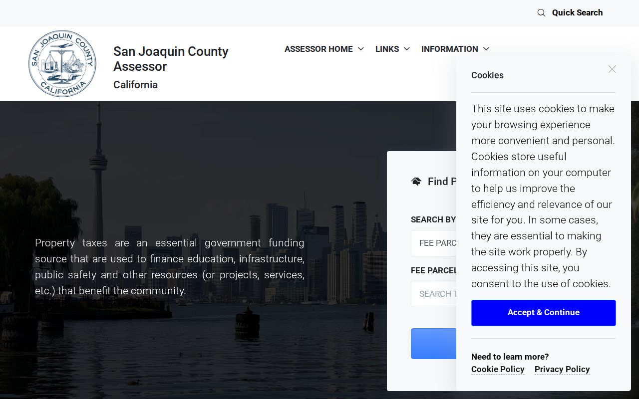 Stockton public records search fields in the San Joaquin County Assessor portal